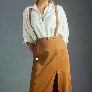 Anthropologie Camel Brown Midi Skirt with Suspenders